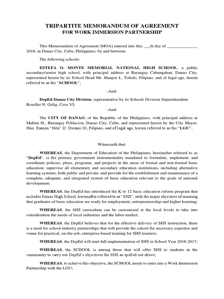 Draft Tripartite Memorandum of Agreement For Shs Work Immersion Estefa ...