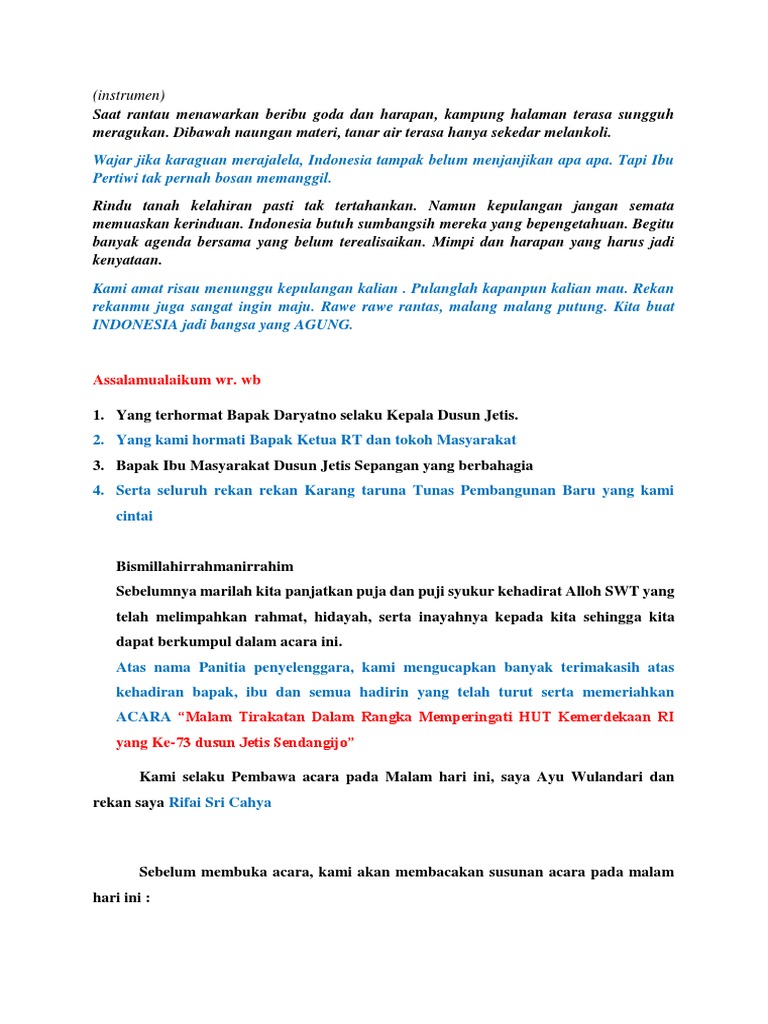 Teks MC Tirakatan 17-8-18 | PDF