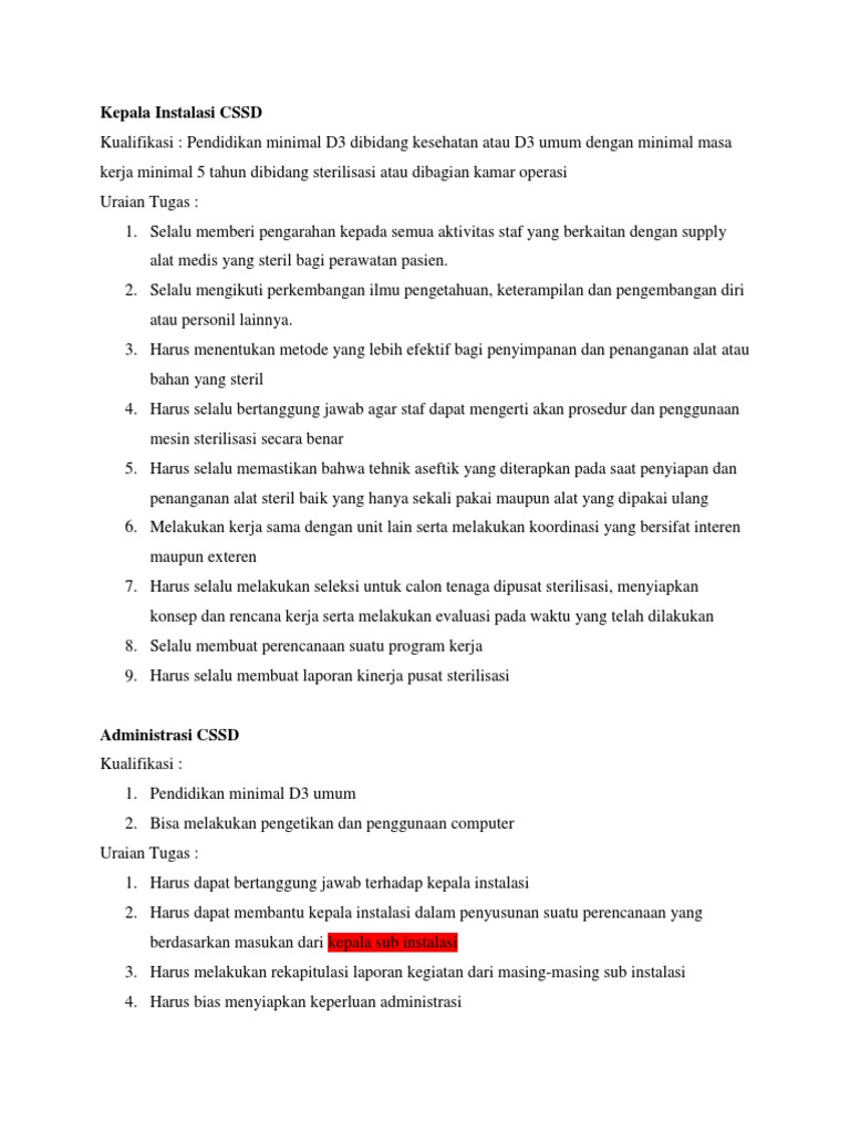 Kualifikasi dan Tugas Staf CSSD | PDF | Karier & Perkembangan
