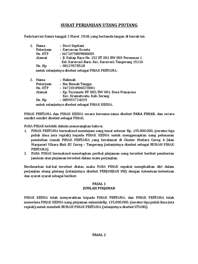 Surat Perjanjian Hutang Piutang Dengan Jaminan Rumah