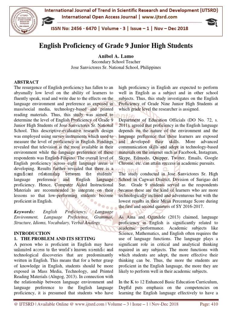 English Proficiency in Grade 9 Students | PDF | English As A Second Or ...