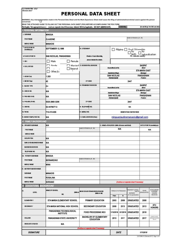 Personal Data Sheet Filipino Dual Citizenship by Birth by