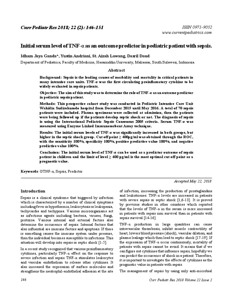 Initial Serum Level of TNF As An Outcome Predictor in Pediatric Patient ...