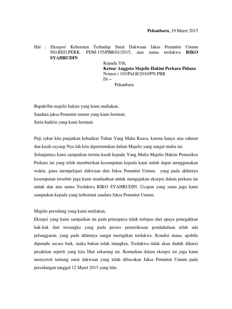 Contoh Pledoi Nota Pembelaan