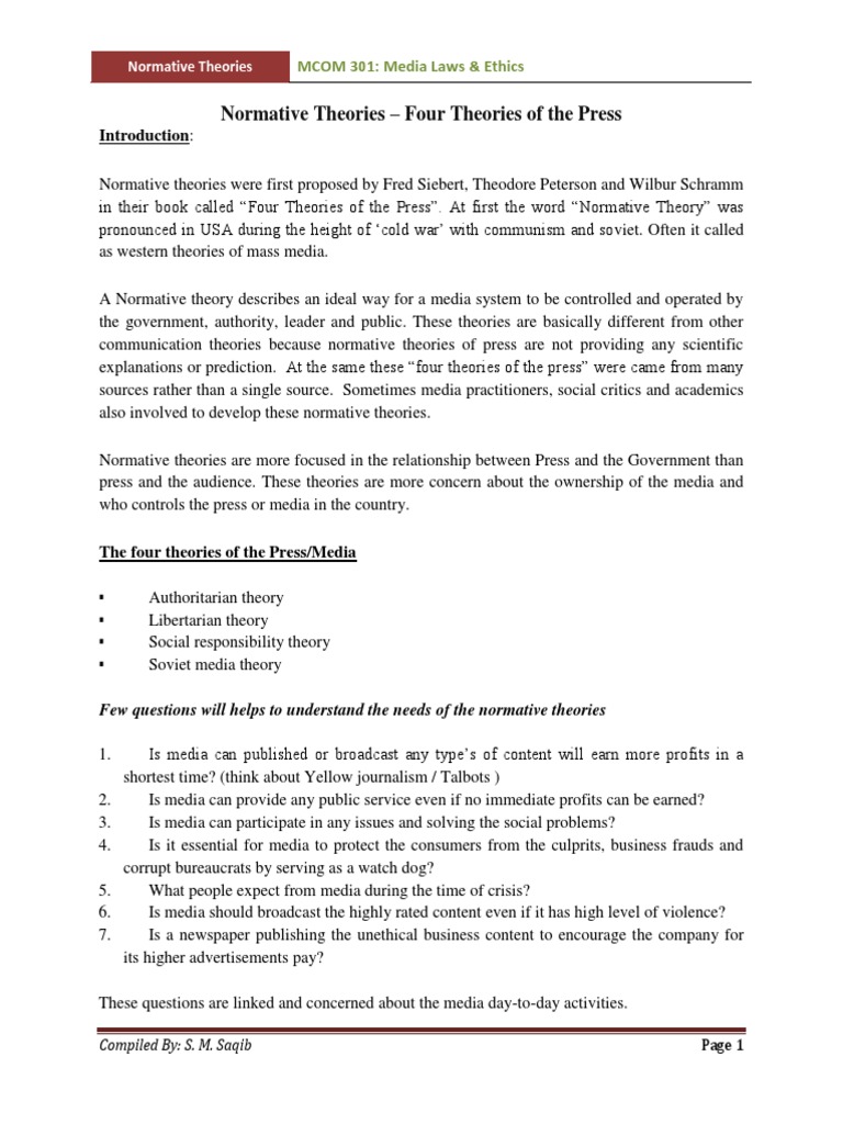 Normative Theories Four Theories of The Press 301 Media Laws
