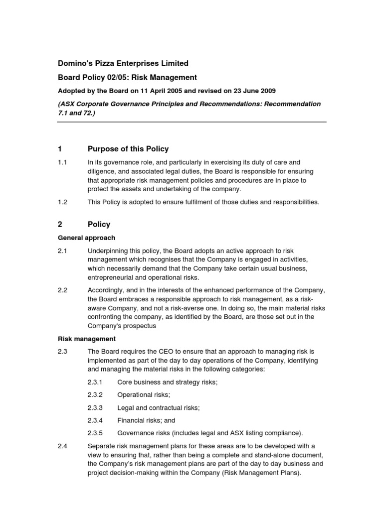 Domino's Corporate Governance Policies Risk Assessment PDF Risk