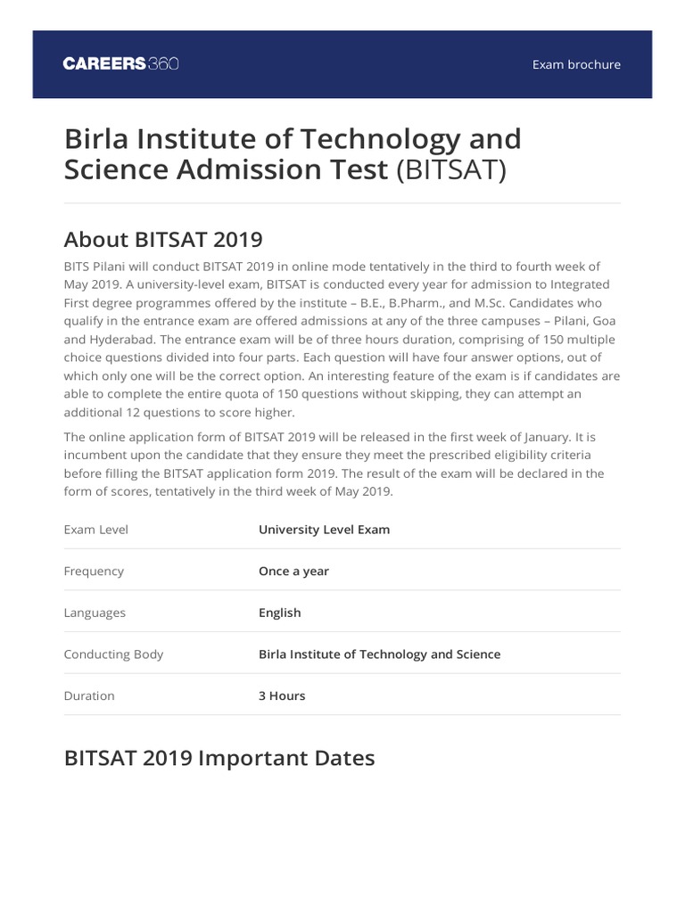 Bitsat Brochure Pdf Pdf University And College Admission Test