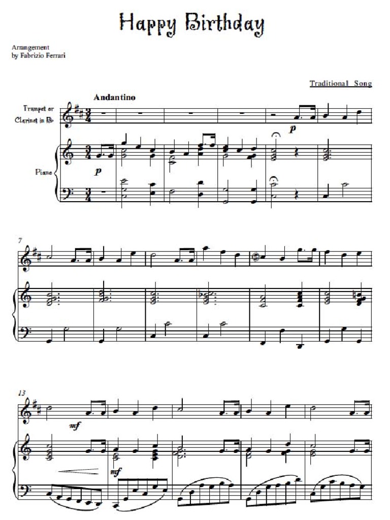 Happy Birthday for Trumpet or in B Flat and Piano
