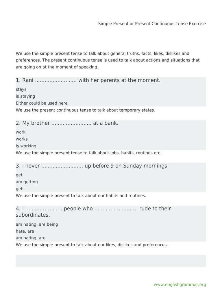 Exercise - Present Simple and Present Continuous 2 | PDF | Grammar ...
