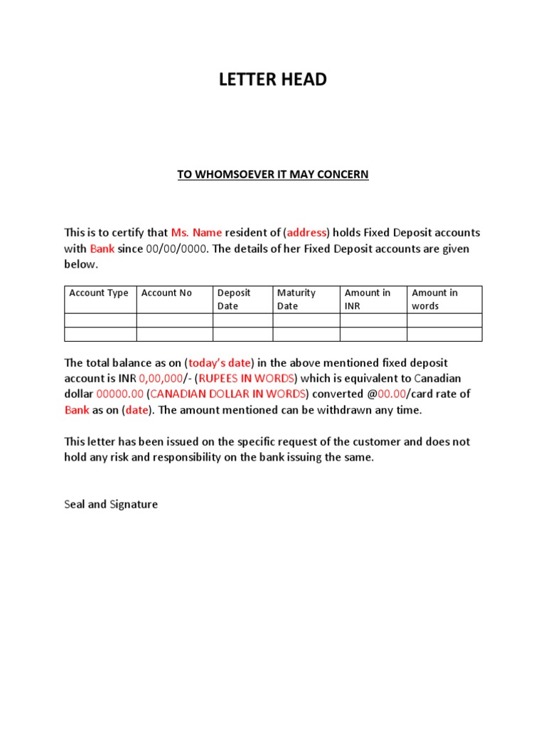 application letter for bank fixed deposit withdrawal