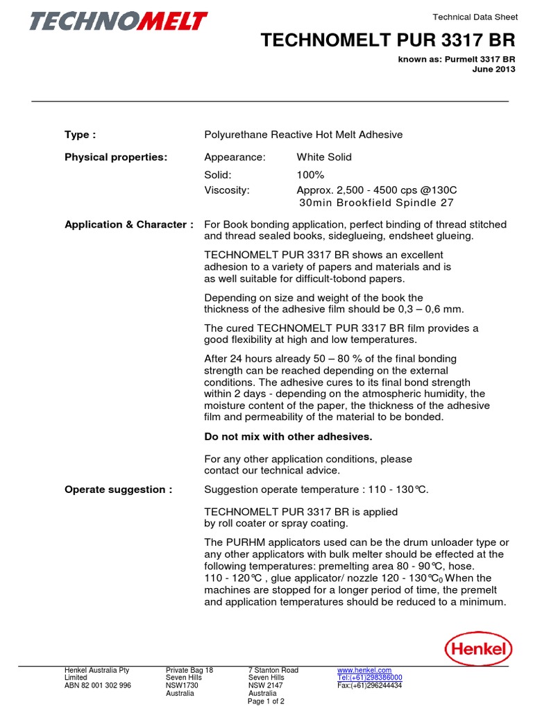 Henkel Technomelt PUR 3317 BR TDS PDF Adhesive Industrial Processes
