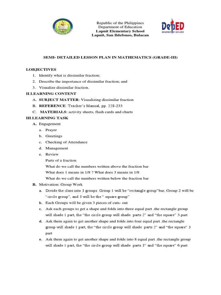 Grade 3 Lesson Plan: Dissimilar Fractions | PDF | Fraction (Mathematics ...