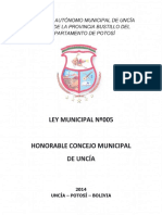 Ley Municipal N2005: Gobierno Autónomo Municipal de Uncía Capital de La Provincia Bustillo Del Departamento de Potosí