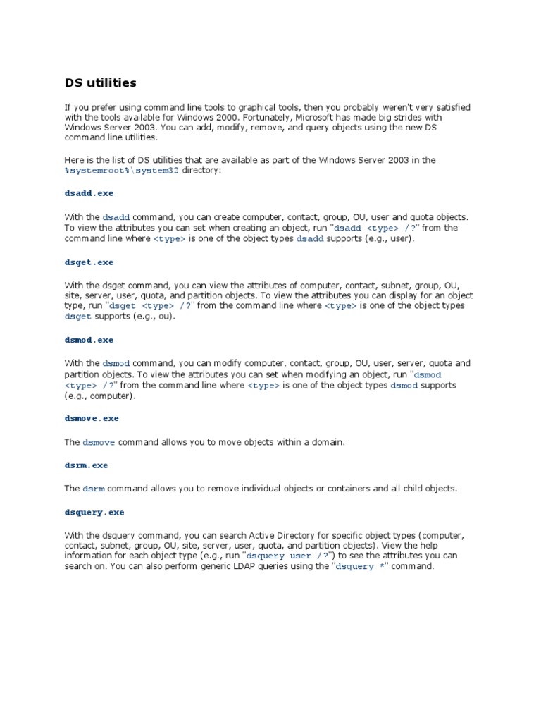 Windows Server 2003 DS Command Tools | PDF