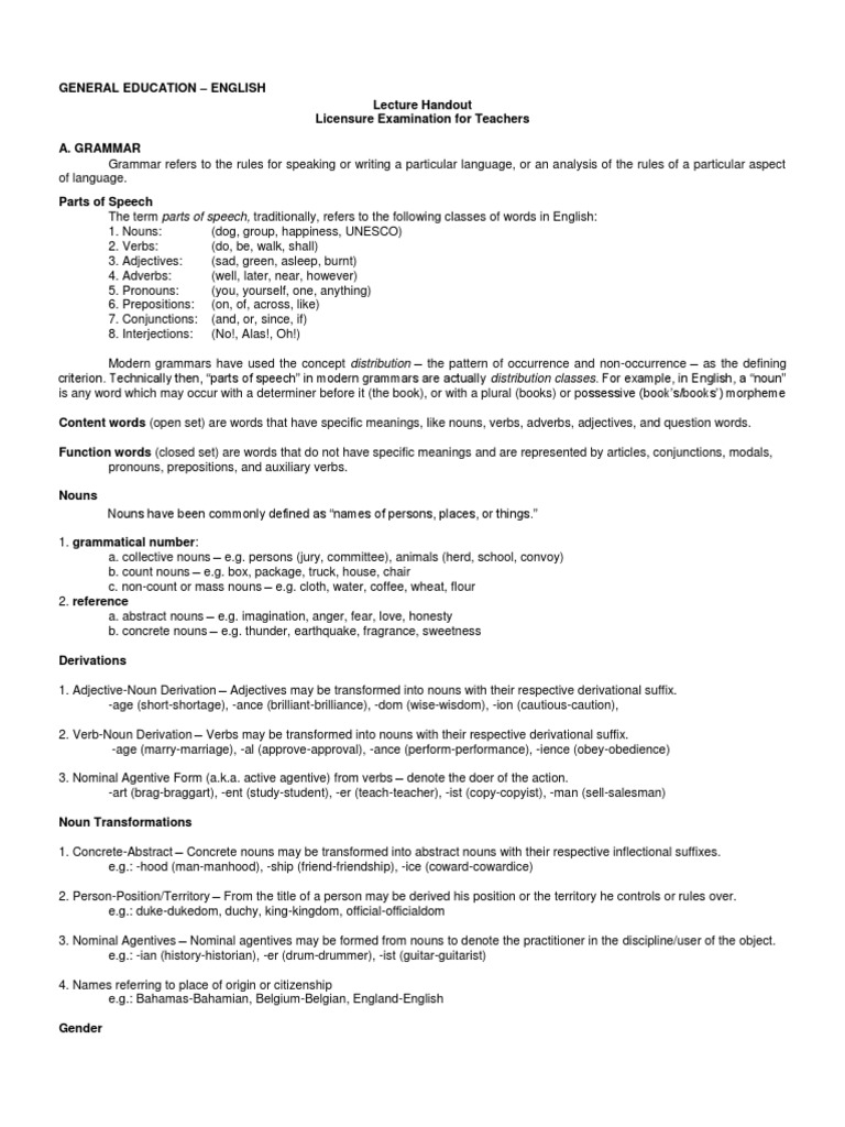 English Lecture Handout | Perfect (Grammar) | Part Of Speech