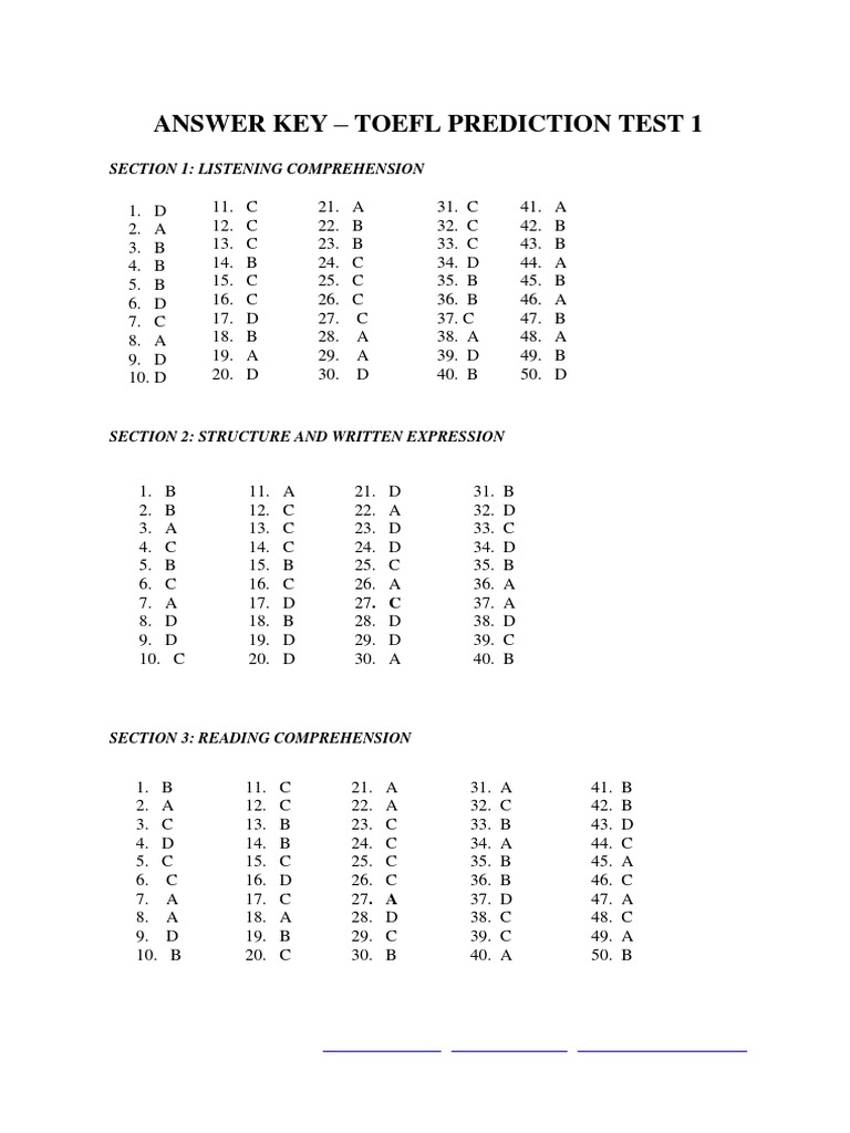 TOEFL Prediction Test Answer Key | PDF | Teaching Methods & Materials