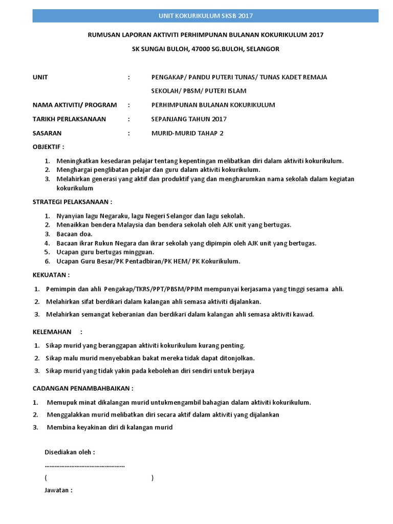 Rumusan Laporan Aktiviti Perhimpunan Bulanan Kokurikulum 2017 Pdf