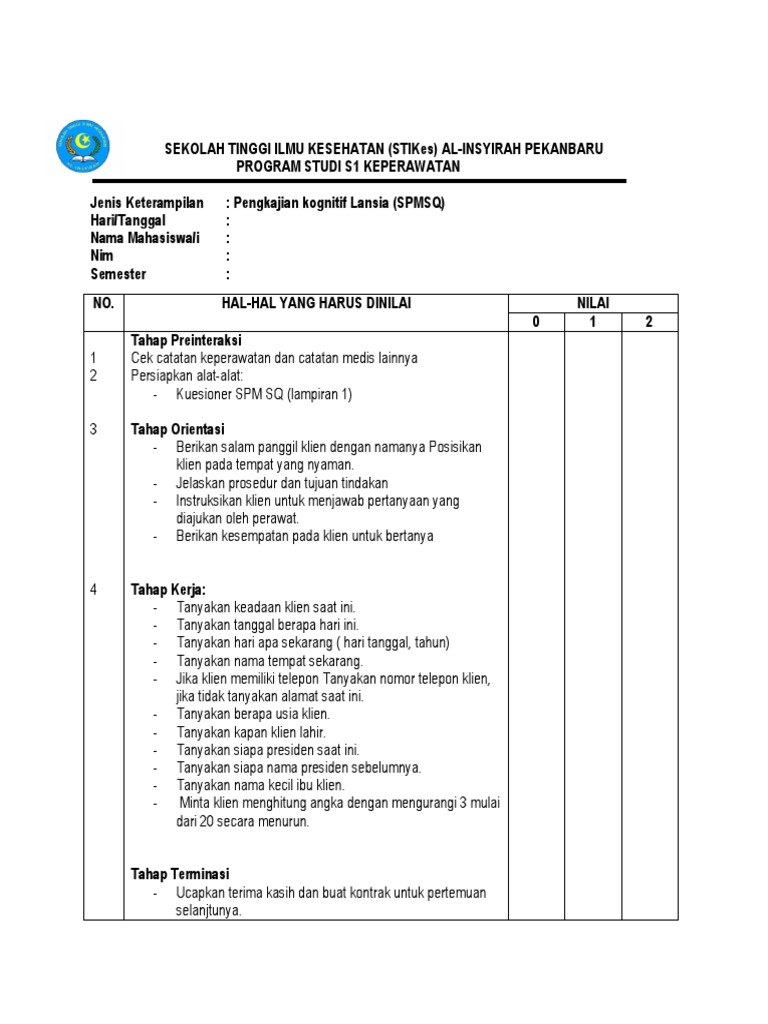 Pengkajian Kognitif Lansia dengan SPMSQ | PDF | Karier & Perkembangan