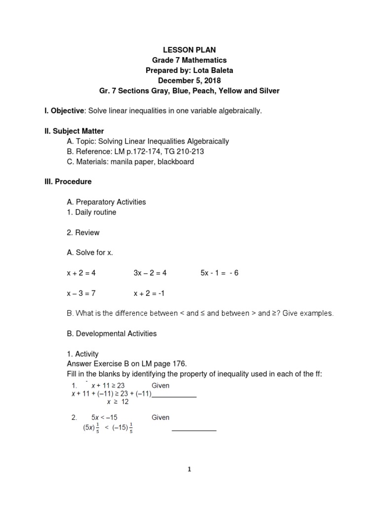 Grade 7 Linear Inequalities Lesson Plan | PDF | Inequality (Mathematics ...