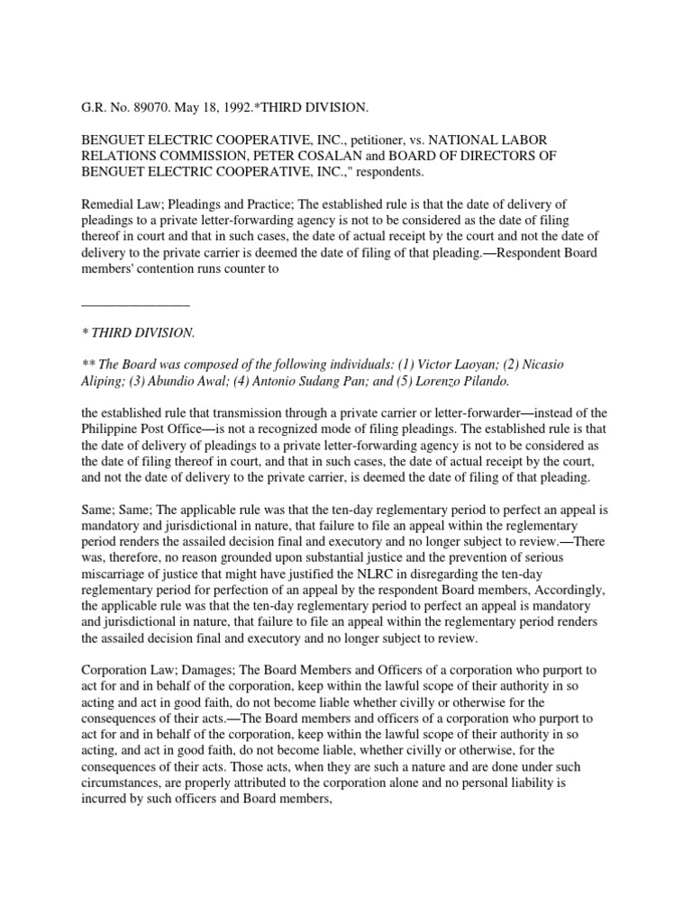 Benguet Electric Cooperative, Inc. v. NLRC, 209 SCRA 55 (1992) | PDF ...