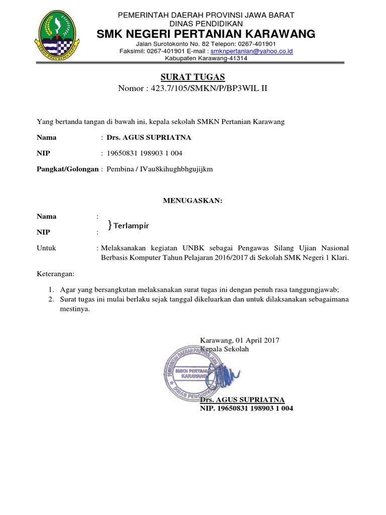 Surat Tugas Pengawas Unbk