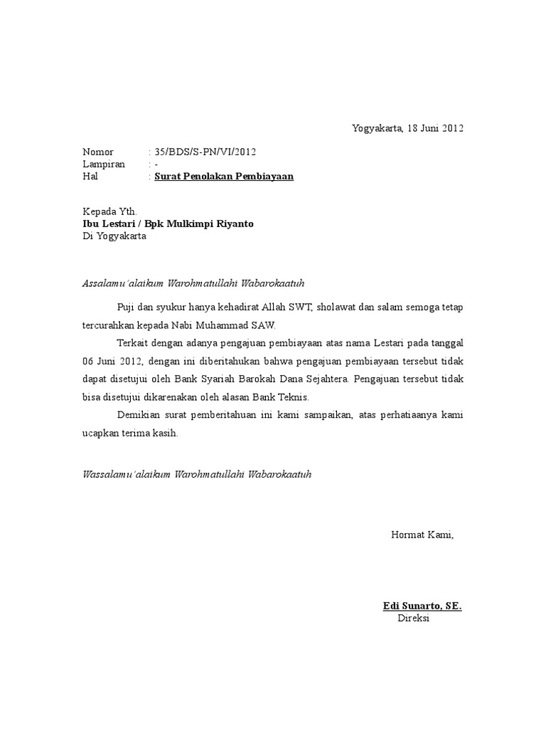 Surat Penolakan Pembiayaan Pdf