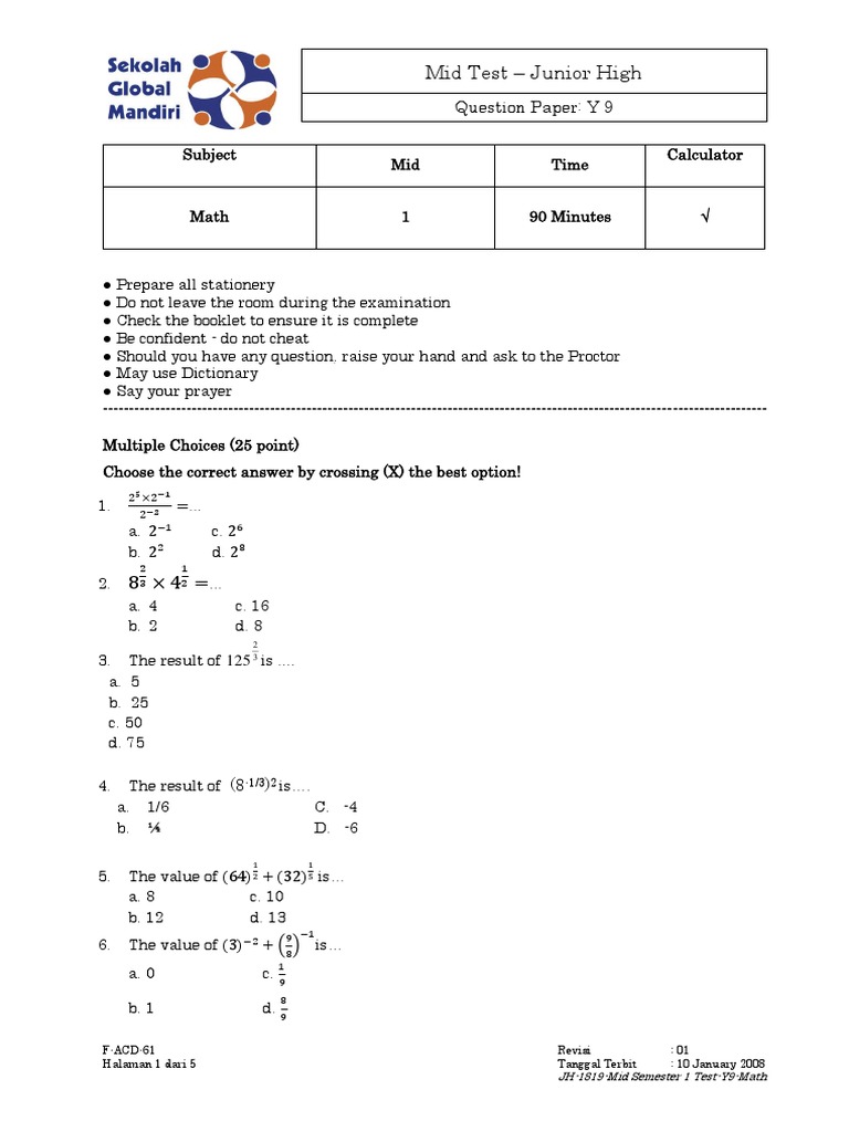 Ald Math Mid Question Y9 1819 | PDF | Quadratic Equation | Equations