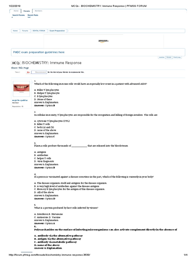 Mcqs Biochemistry Immune Response PFMSG Forum PDF Immune
