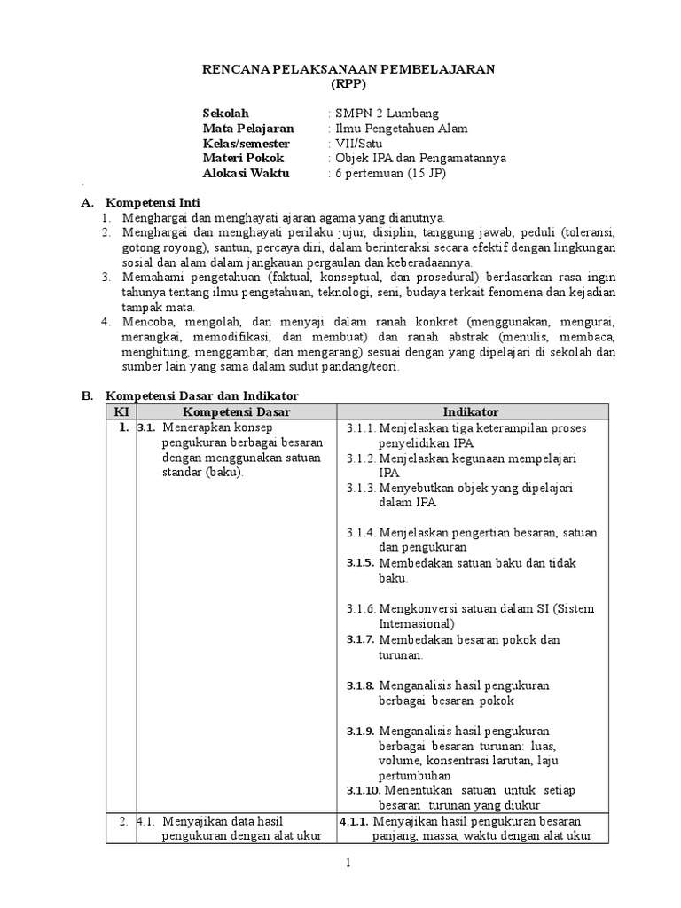 Rpp K 13 Kelas 7 Kd 3 1 Objek Ipa Dan Pengamatannya