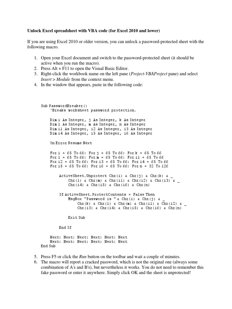 Unlock Excel Spreadsheet With VBA Code (For Excel 2010 and Lower) | PDF