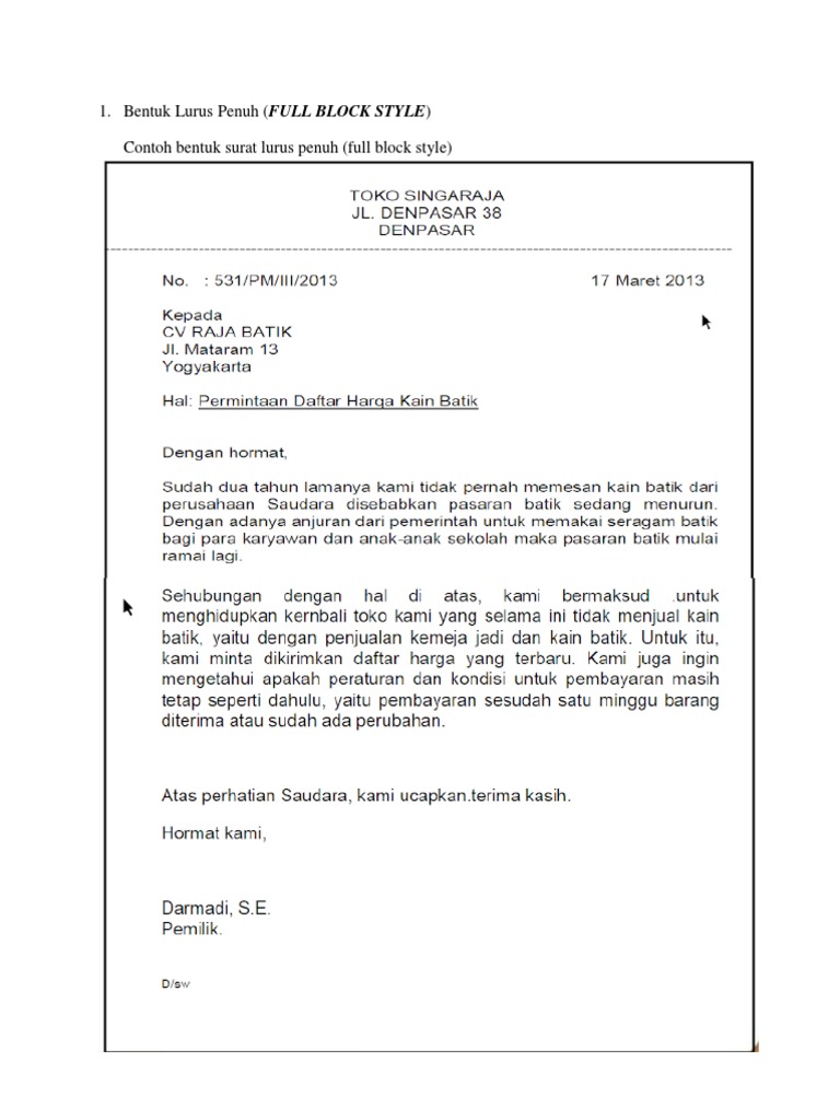 Contoh Surat Bentuk Lurus Penuh Atau Full Block Style Contoh Seputar Surat