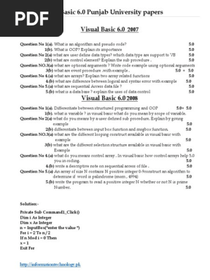 10 Year Papers Visual Basic 6.0 SOLVED For B.A part 1