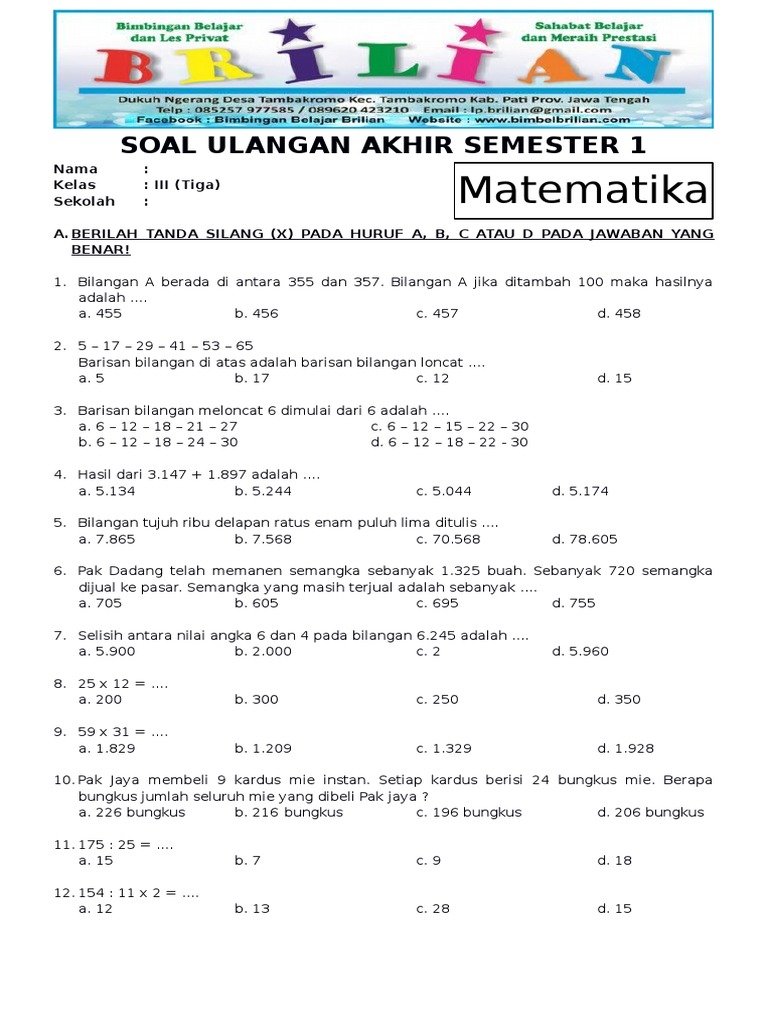 Soal Uas Matematika Kelas 3 Sd Semester 1 Ganjil Dan Kunci