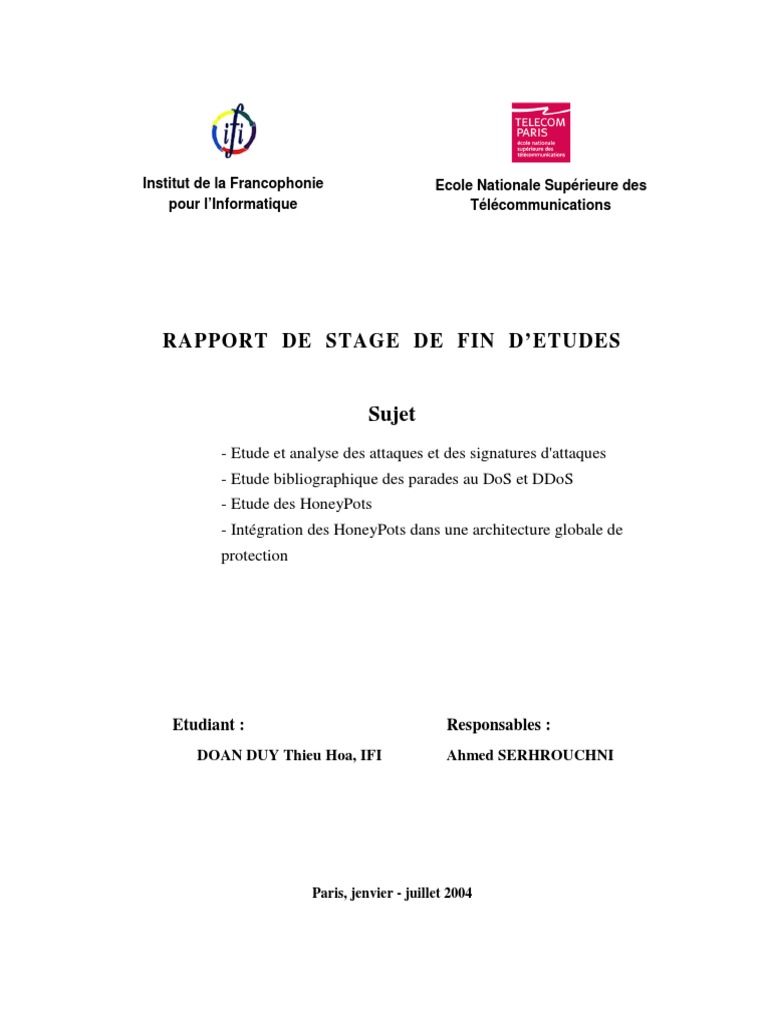 Rapport De Stage De Fin D Etudes Sujet Pdf Attaque Par Deni De Service Serveur Informatique