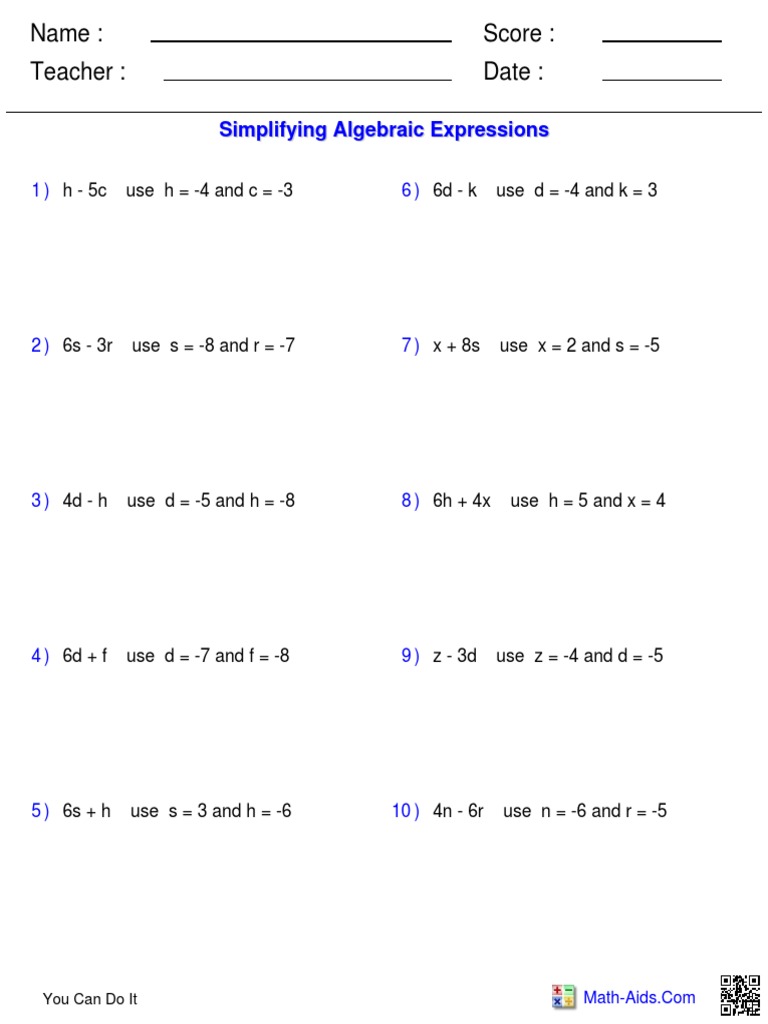 Simplifying Algebraic Expressions Worksheet | PDF