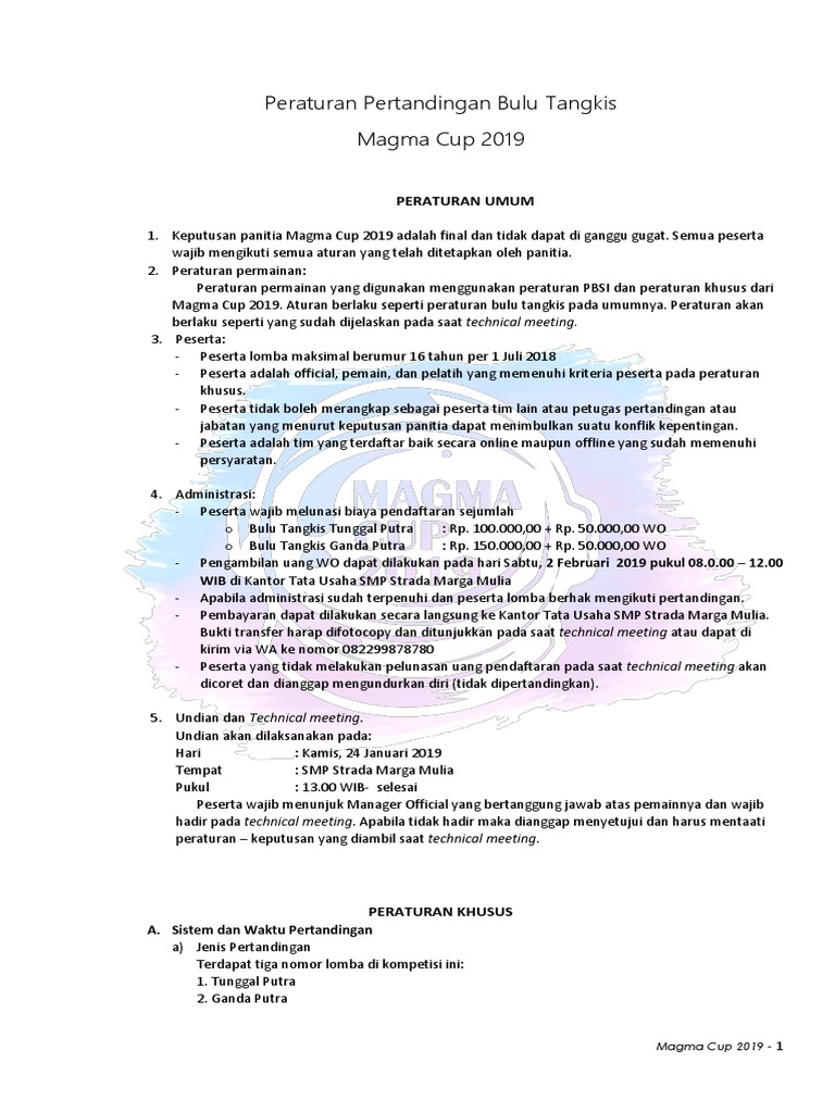 Peraturan Pertandingan Bulu Tangkis Magma Cup 2019