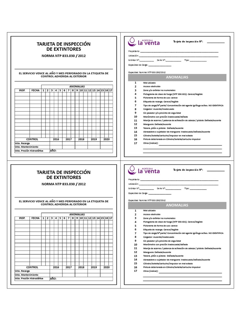 Tarjeta de Inspeccion Extintores | PDF | Proyectiles | Armas de proyectiles