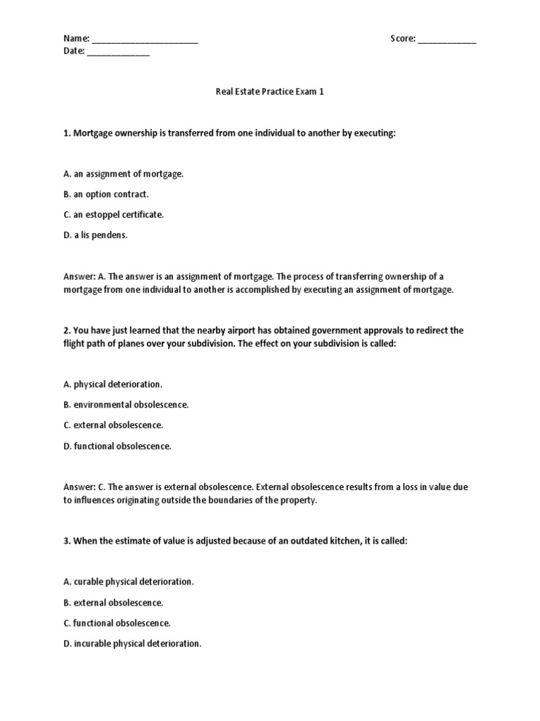 Real Estate Practice Exam 1 Answera PDF Eviction Leasehold Estate