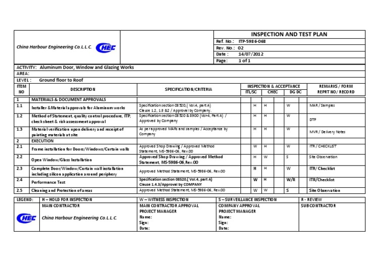 Aluminum Door and Window Inspection ITP | PDF | Specification ...