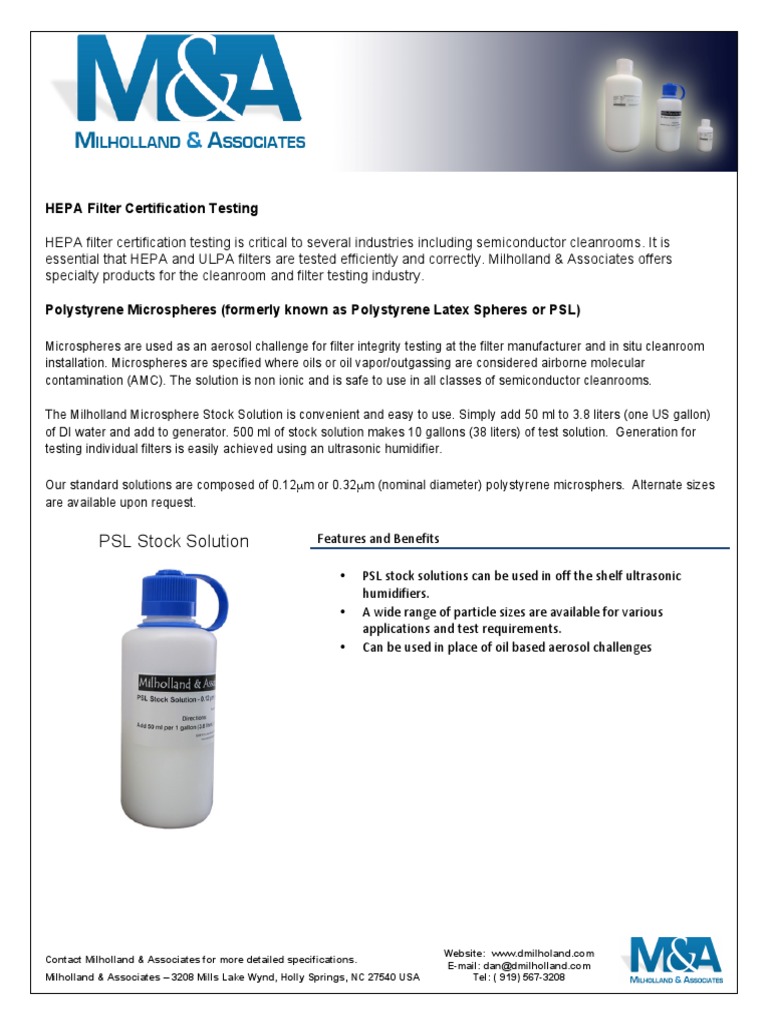 PSL Microspheres for Filter Testing | PDF | Materials | Chemistry