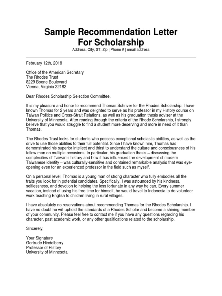 recommendation letter for research scholarship