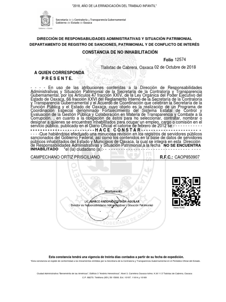 Constancia de No Inhablitacion | PDF | Gobierno | Justicia