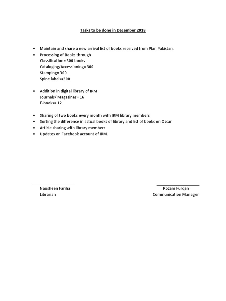 December 2018 Library Tasks Overview | PDF