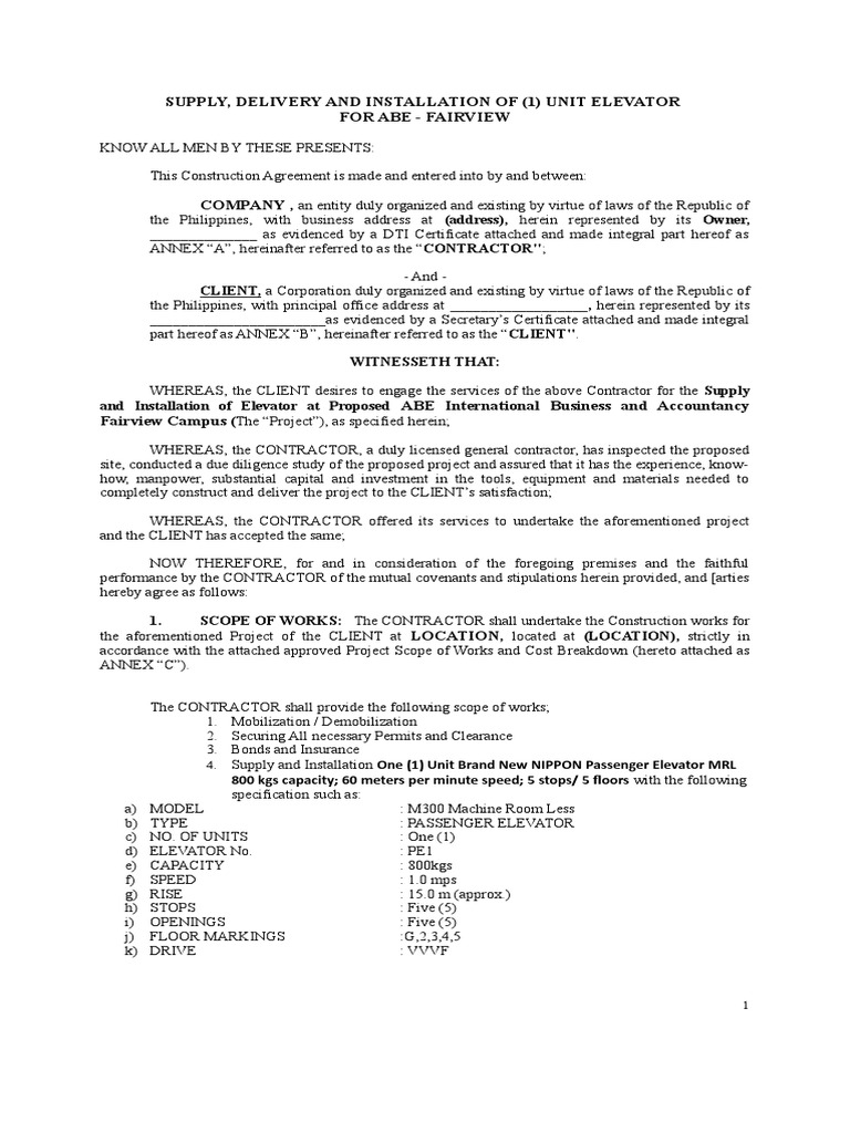 Construction Agreement For Contractors Template (Elevator) PDF