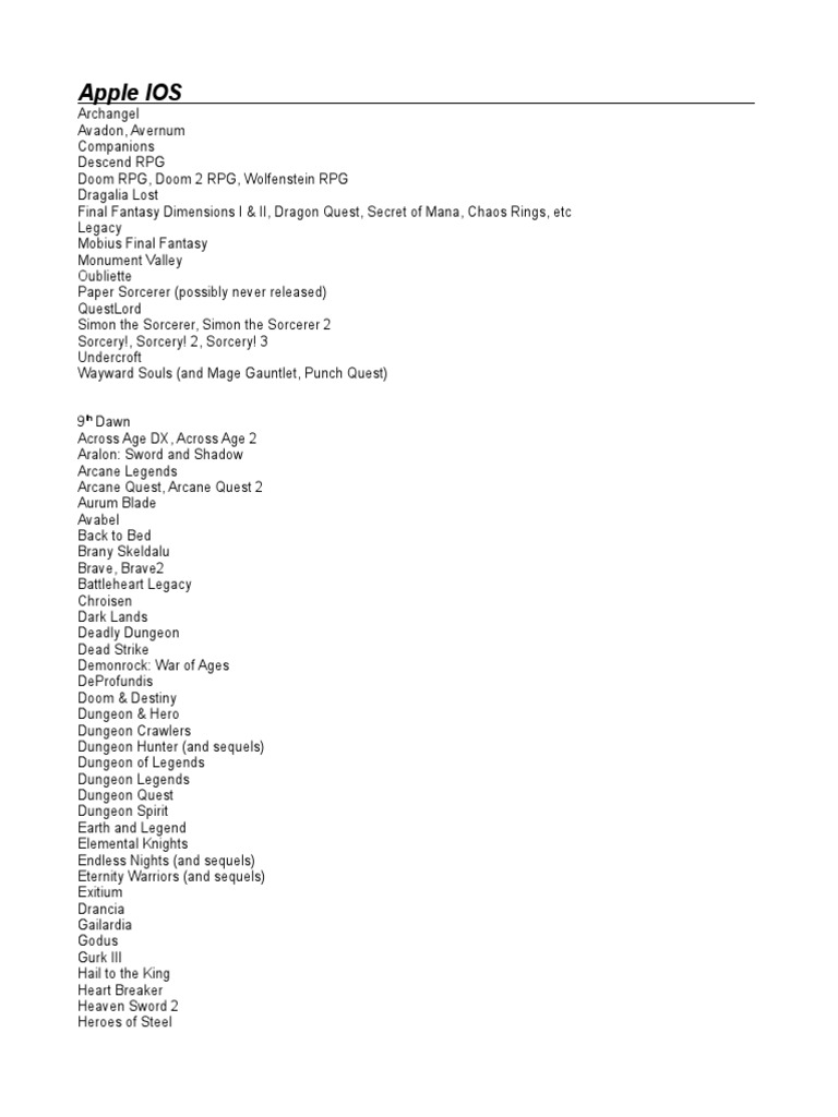 iOS RPG Game List for Enthusiasts | PDF | Leisure