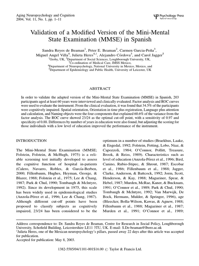 Validation of MMSE in Spanish | PDF | Reference Range | Medicine