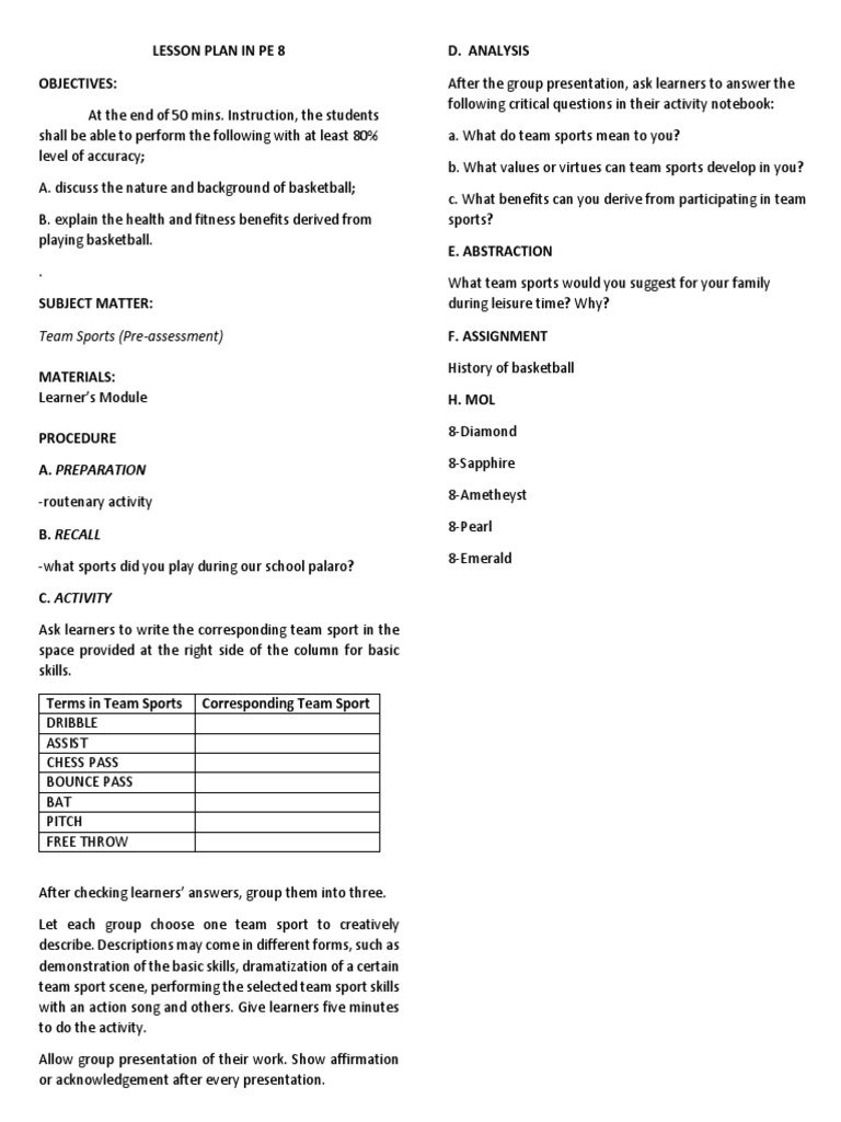 Team Sports (PreAssessment) PDF Lesson Plan Sports