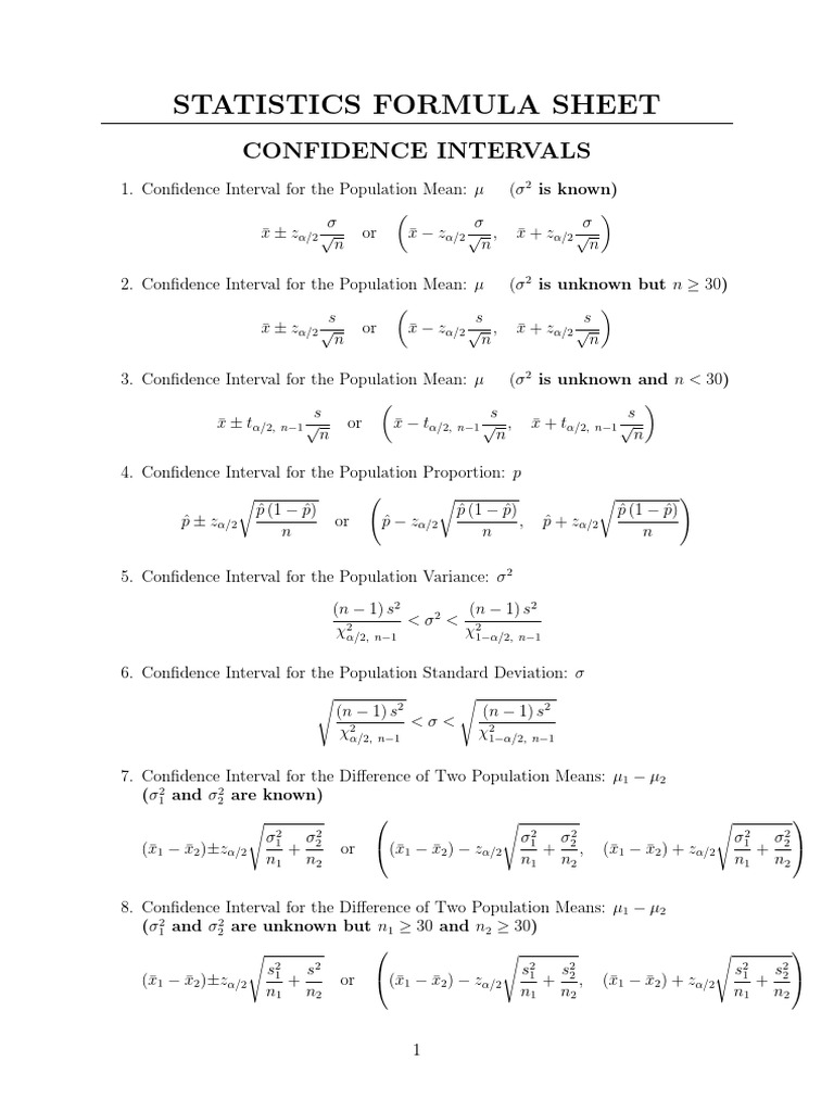 Statistical Tables and Formula Sheet | PDF | Probability | Mathematical ...