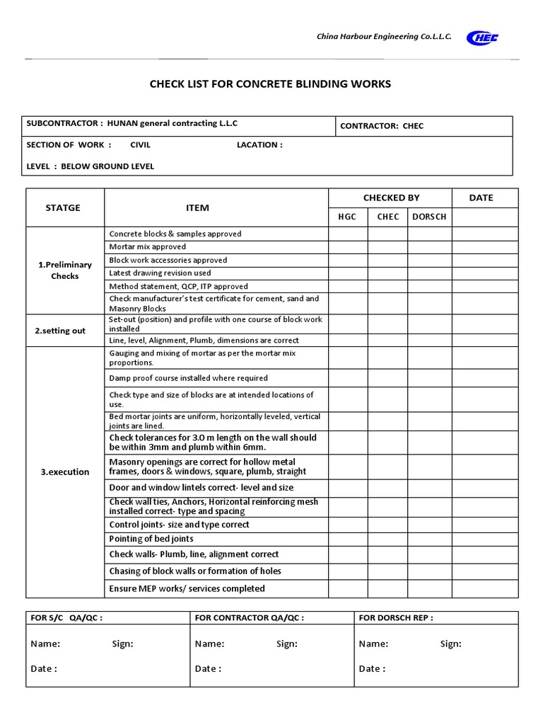 Check List For CONCRETE Block Works PDF Mortar (Masonry) Concrete