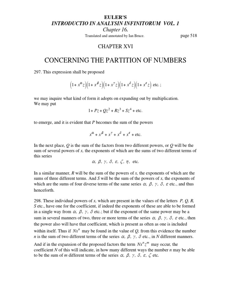 Concerning The Partition of Numbers: Introductio in Analysin